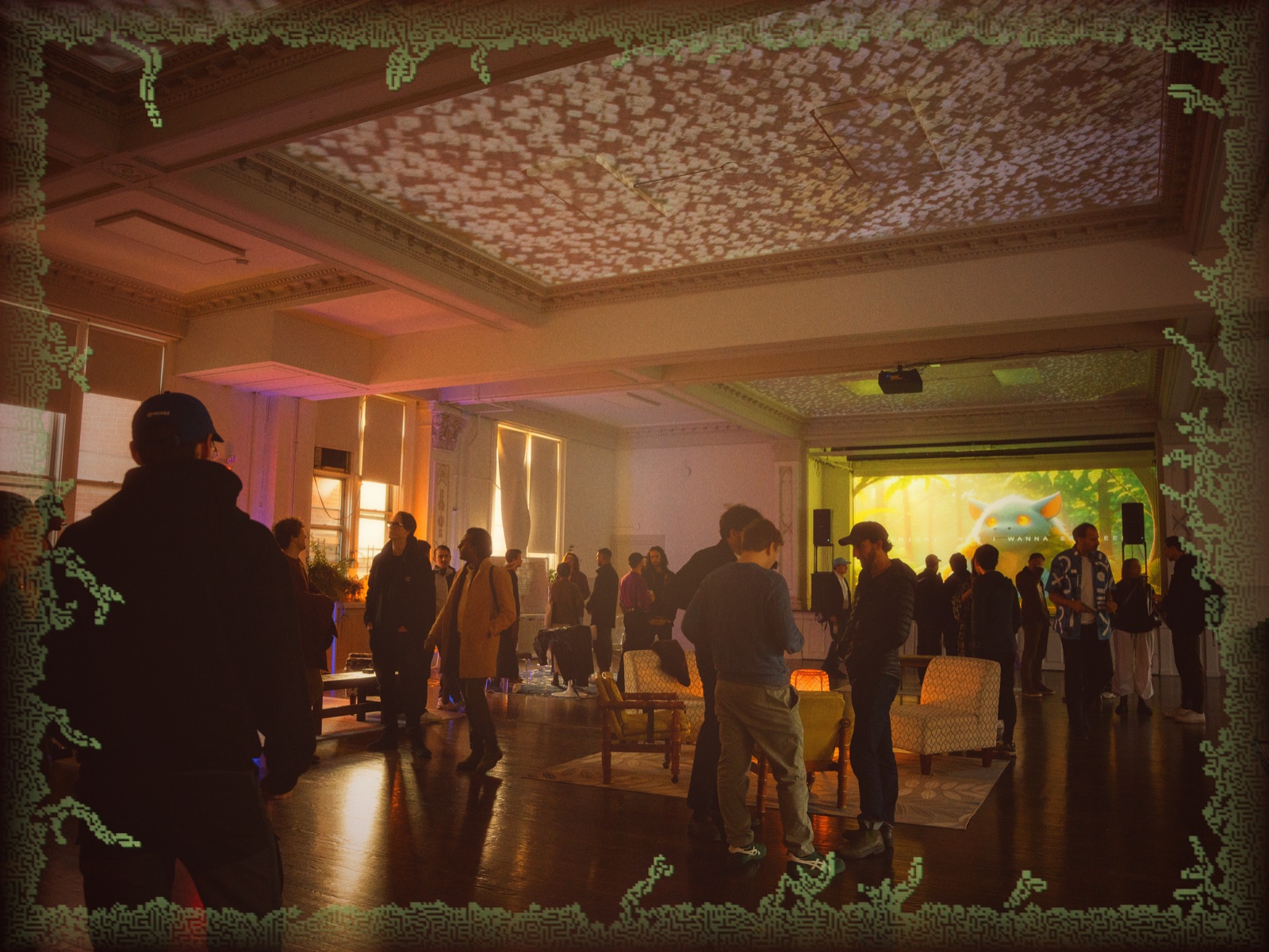 The Local AI Meetup in Brooklyn — the ornate convent hall mid-event, pink-and-cream ceiling projections, a crowd in conversation, a projector cycling through a slide. Greenpoint, NYC.